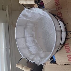 Round White Fabric-Lined Wire Storage Basket with Wooden Handles